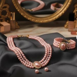 May include: A pink pearl necklace with three strands, a matching bracelet, and a pair of earrings. The necklace and bracelet feature a large oval centerpiece. The jewelry set is displayed on a dark gray satin fabric.