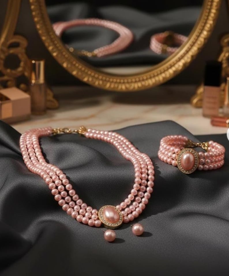 May include: A pink pearl necklace with three strands, a matching bracelet, and a pair of earrings. The necklace and bracelet feature a large oval centerpiece. The jewelry set is displayed on a dark gray satin fabric.