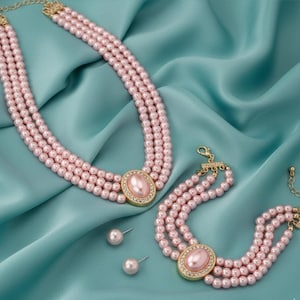 May include: A three-strand pink pearl necklace and bracelet set with gold-tone clasps and oval centerpieces. The centerpieces are adorned with a pink stone and surrounded by small, clear crystals. Matching pearl stud earrings complete the set.