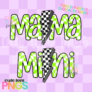 May include: Digital design featuring the words "Mama" and "Mini" in a green and white checkered pattern. A black and white checkered lightning bolt graphic is between the words. The background is a light purple checkered pattern.