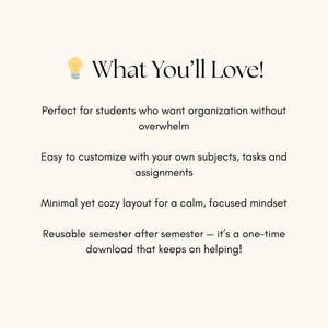 Pode incluir: Gr&aacute;fico creme com o texto "What You'll Love!" e marcadores que descrevem as caracter&iacute;sticas do produto. O texto destaca organiza&ccedil;&atilde;o, personaliza&ccedil;&atilde;o, uma mentalidade calma e reutiliza&ccedil;&atilde;o.