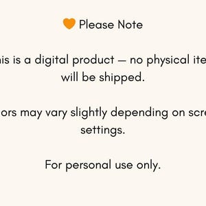 Pode incluir: Gr&aacute;fico creme com o texto "Observa&ccedil;&atilde;o" e um pequeno cora&ccedil;&atilde;o laranja. O texto afirma que este &eacute; um produto digital, nenhum item f&iacute;sico ser&aacute; enviado, as cores podem variar e &eacute; apenas para uso pessoal.