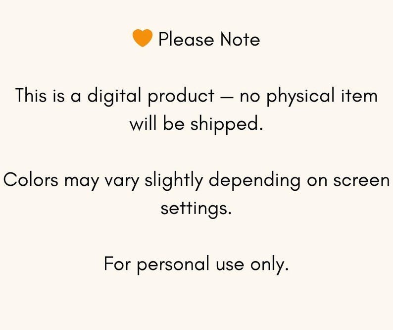 Pode incluir: Gr&aacute;fico creme com o texto "Observa&ccedil;&atilde;o" e um pequeno cora&ccedil;&atilde;o laranja. O texto afirma que este &eacute; um produto digital, nenhum item f&iacute;sico ser&aacute; enviado, as cores podem variar e &eacute; apenas para uso pessoal.