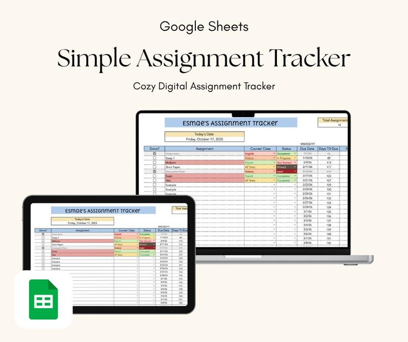 Pode incluir: Um rastreador de tarefas digital exibido em um laptop e tablet. A tela mostra uma planilha com colunas para tarefas, datas de vencimento e status. O texto "Simple Assignment Tracker" e "Cozy Digital Assignment Tracker" s&atilde;o vis&iacute;veis.