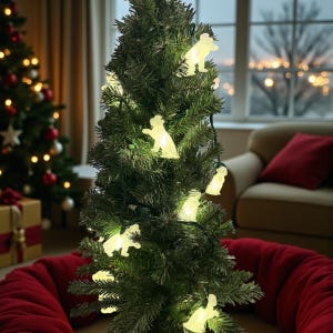 Puede incluir: Un pequeño árbol de Navidad artificial decorado con luces en forma de siluetas de perros. El árbol está colocado en una cama roja para perros, con un segundo árbol de Navidad visible en el fondo. Las luces están encendidas, creando un ambiente cálido.