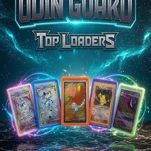 May include: Five rectangular plastic card top loaders in pink, blue, orange, purple, and green, each containing a trading card. The text ODIN GUARD TOP LOADERS is displayed in a metallic font against a dark blue cosmic background.