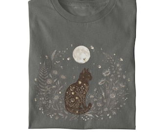 Camiseta Botanical Cat Moon, teñida en prenda, algodón en tonos tierra.