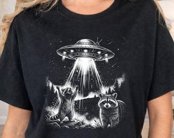 Camiseta de mapache con ovni, camiseta de campista espacial, camiseta de animal galáctico