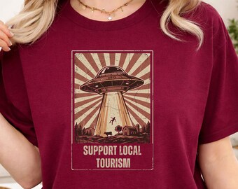 Camiseta de turismo OVNI, camiseta negra unisex de algodón, humor friki