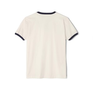 A plain white t-shirt with a black rim, displayed against a white background.