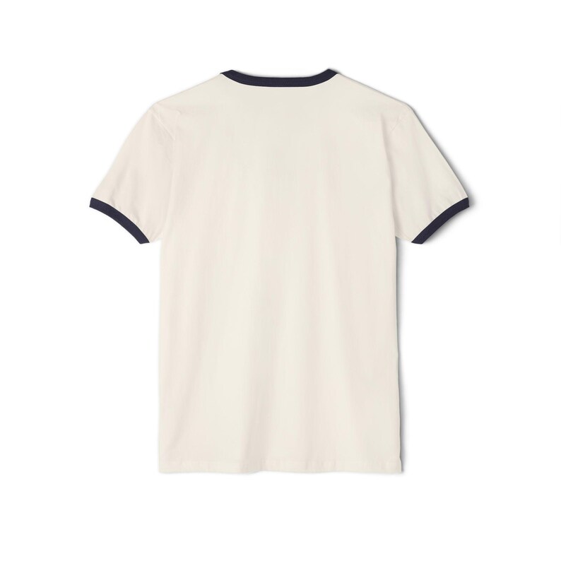 A plain white t-shirt with a black rim, displayed against a white background.