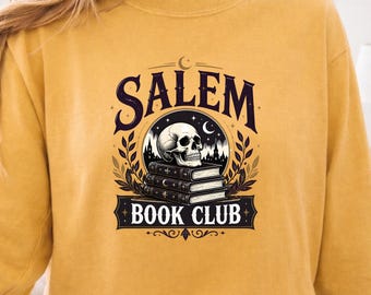 Camiseta de manga larga del Club de Lectura de Salem, calavera vintage, verde salvia, estilo bruja.