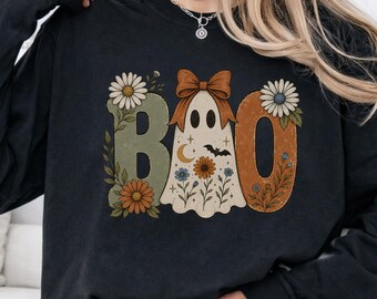 Camiseta de manga larga estilo boho fantasma para Halloween, color óxido, estilo vintage, unisex.