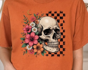 Camiseta retro con estampado floral de calavera, color granate, Gildan 5000