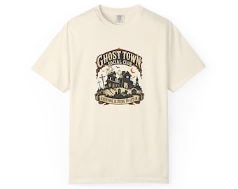 Camiseta Ghost Town Haunted House, camiseta unisex de algodón color crema vintage.
