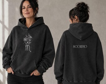 Sudadera con capucha de lavado vintage, estampado del zodíaco Escorpio, suave tejido polar cepillado, capucha con cordón ajustable para hombre.