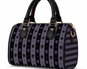 Bolso gótico a rayas de piel vegana lavanda, bolso de hombro emo