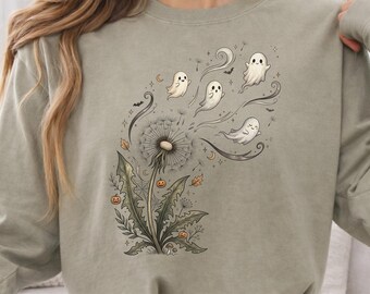 Camisa de manga larga Ghost Dandelion, prenda teñida para otoño, estampado floral gótico dibujado a mano