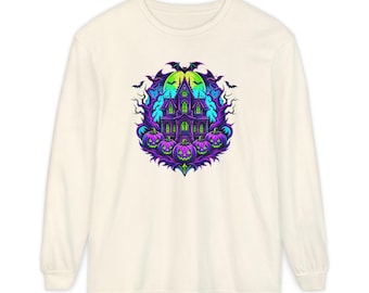 Camiseta de manga larga con diseño de Mansión Embrujada y Calabazas de Halloween