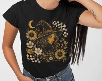 Camiseta Cosmic Witch Cat, estampado de girasol, algodón negro