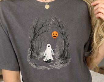Camiseta de Halloween con calabaza fantasma, camiseta de bosque tenebroso, top de atuendo gótico otoñal