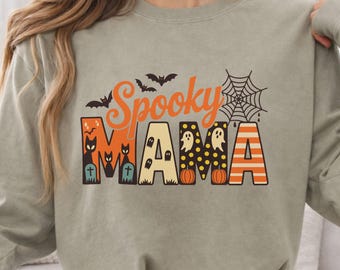 Camiseta de Halloween para mamá, manga larga teñida en prenda, estampado de murciélagos y calabazas para otoño.