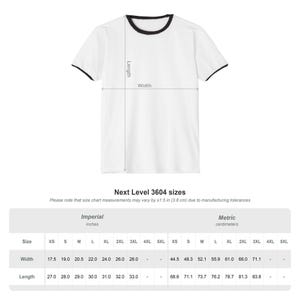 a white t-shirt with measurements and sizes listed below it.