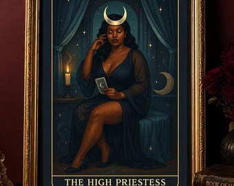 High Priestess Tarot Print, Navy Blue Gothic Altar Wall Decor (Digital Download)