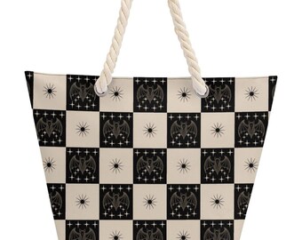 Bolso grande de yute, bolso de playa a cuadros, tela oxford impermeable.