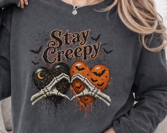 Sudadera Stay Creepy de Halloween, manga larga teñida en prenda negra, estampado de terror en tinta