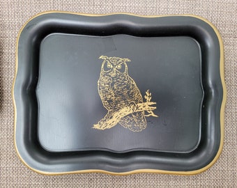 Set of Three OWL trays! Metal, black and gold, MCM look, 8-1/2 by 6-1/2&quot; each. Unmarked. Must have for owl lovers :)