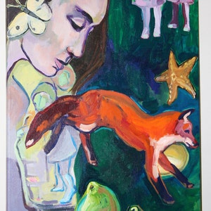 Fairytale Painting, Original Acrylic on Canvas, 24 x 18 fox, woman, children, butterfly, pears image 1