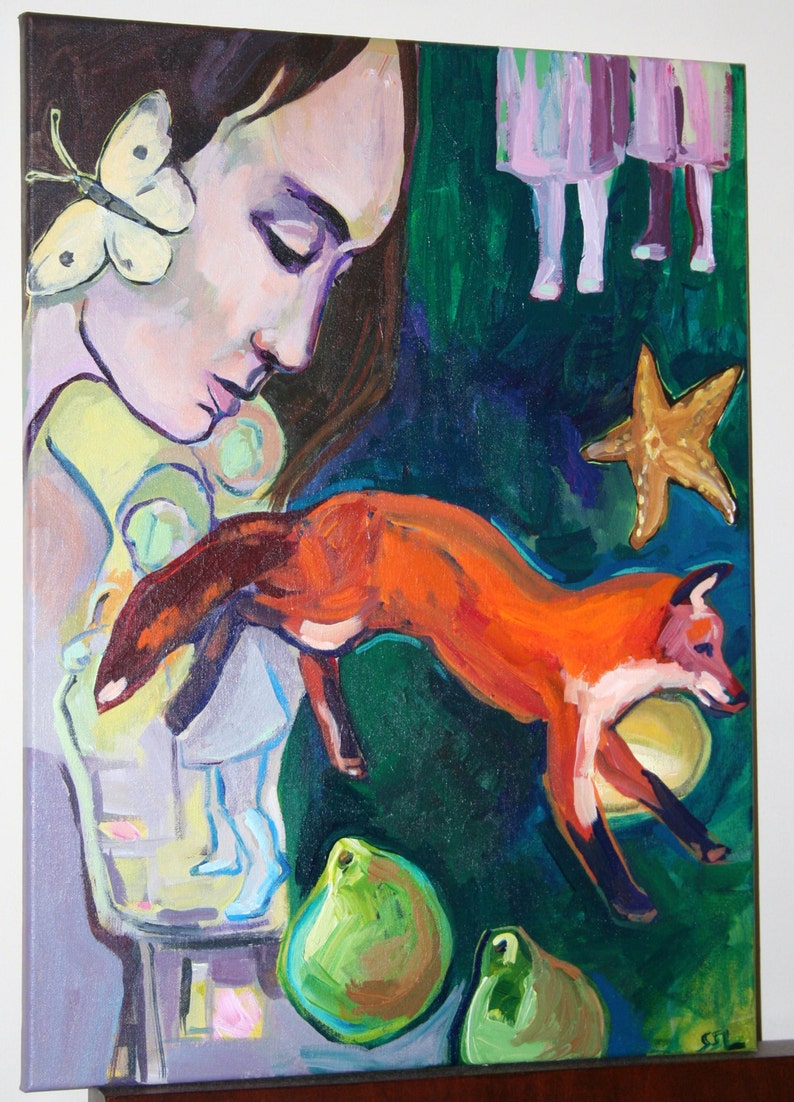 Fairytale Painting, Original Acrylic on Canvas, 24 x 18 fox, woman, children, butterfly, pears image 1