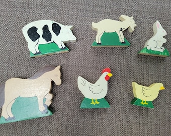 Amish folk art toys, farm animals, 6 piece set. Handcut and handpainted American vintage folk art. Horse, pig, hen, chick, goat, rabbit.
