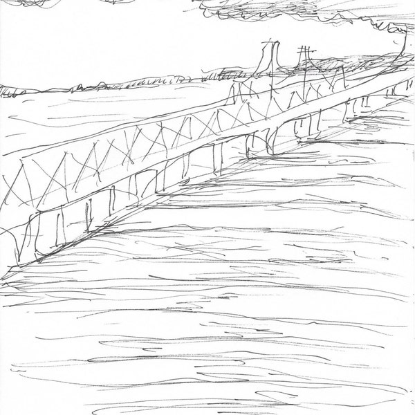 Chesapeake Bay Bridge Drawing, Maryland, Original Pen and Ink on Paper, 8-1/2" x 11" Sketch