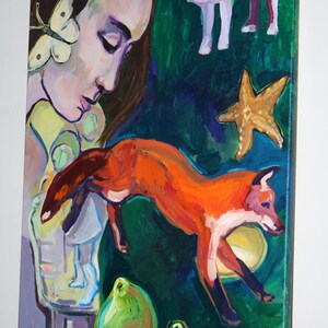 Fairytale Painting, Original Acrylic on Canvas, 24 x 18 fox, woman, children, butterfly, pears image 2