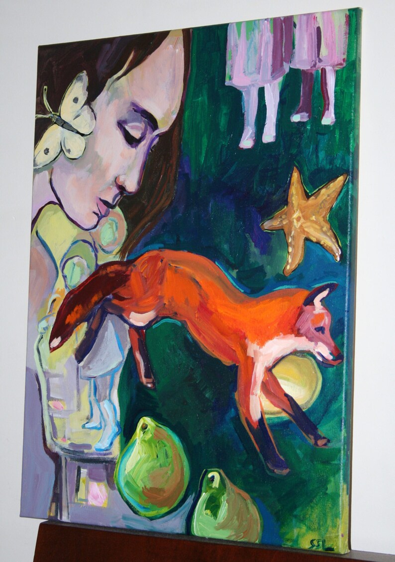Fairytale Painting, Original Acrylic on Canvas, 24 x 18 fox, woman, children, butterfly, pears image 2