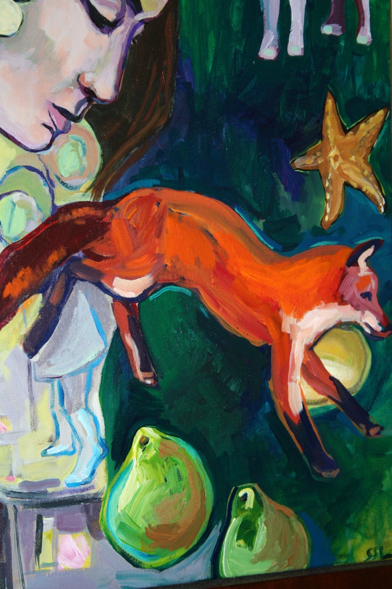 Fairytale Painting, Original Acrylic on Canvas, 24 x 18 fox, woman, children, butterfly, pears image 3