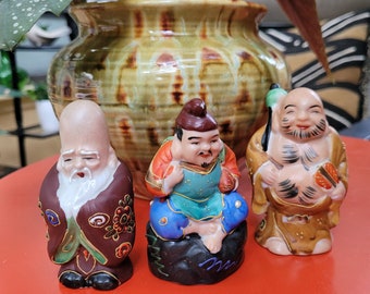 Three Japanese moriage lucky gods. Vintage handpainted china figurines from Japan. Fukurokuju, Kutani, Buddha. Gold accents.Longevity.