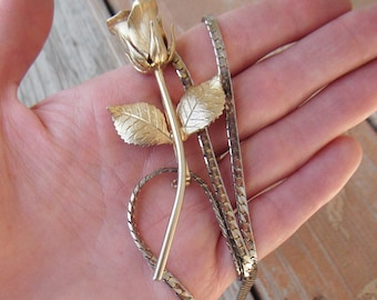 LARGE 3d VINTAGE rose brooch pendant on long gold chain