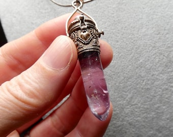 Rare Vintage Sterling Silver Amethyst Point Necklace with Fire Opal | Poison Pendant Amulet, 19” Chain, Victorian-Style Statement Jewelry