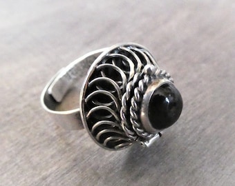 circa 1960s RARE SECRET COMPARTMENT sterling silver Magical wish box obsidian ring adjustable Taxco eagle 3 circa 1950