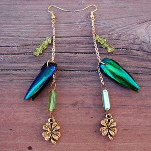 St Patrick&#39;s day earrings with iridescent beetle wing,peridot,glass beads,four leaf clover on gold plated chain