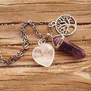 VALENTINES GIFT Lucky talisman charm necklace quartz heart amethyst point and tree of life on long gunmetal chain