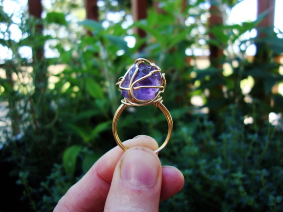 Gold Plated Wire Wrapped Raw Chunky Amethyst Ring Made to Order