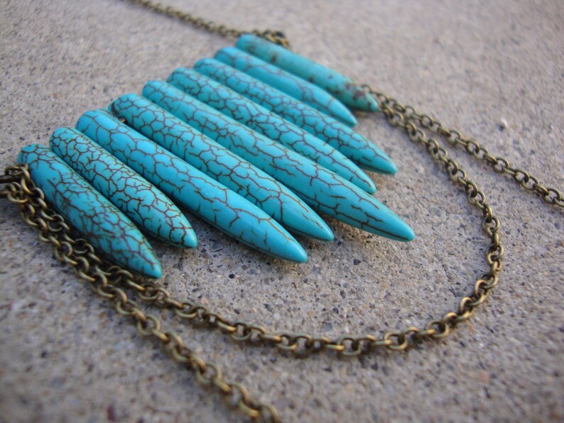 Turquoise tribal howlite spear and antique brass chain necklace image 4