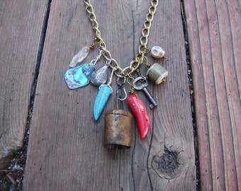 Repurposed antique bell lucky talisman charm necklace
