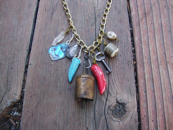 Repurposed antique bell lucky talisman charm necklace