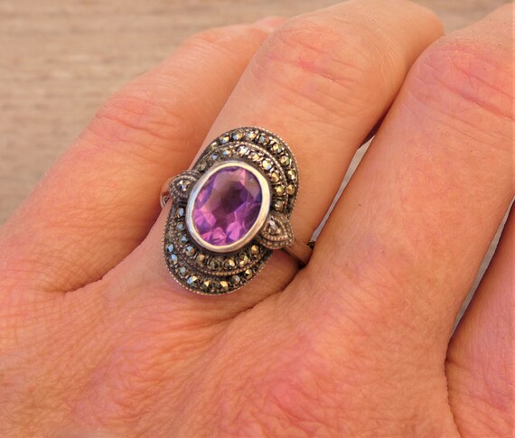 Lovely vintage sterling marcasite and amethyst ri… - image 5