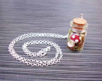 Whimsical clay mushroom with real moss in jar necklace